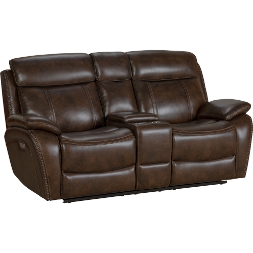 Sandover Power Recline Console Loveseat in Tri-Tone Brown Leather